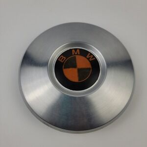Vintage BMW Wheel Center Cap 6.5 Inch Brushed Metal Black Orange Logo Hub Cover